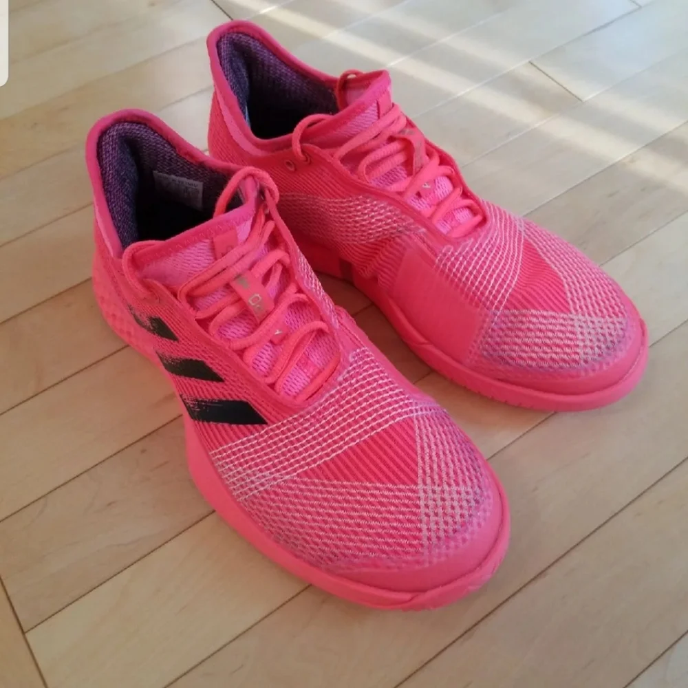 adidas Hot Pink Knit Athletic Sneakers with Black Stripes